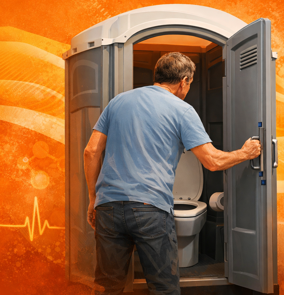 Mann geht in mobile Toilette