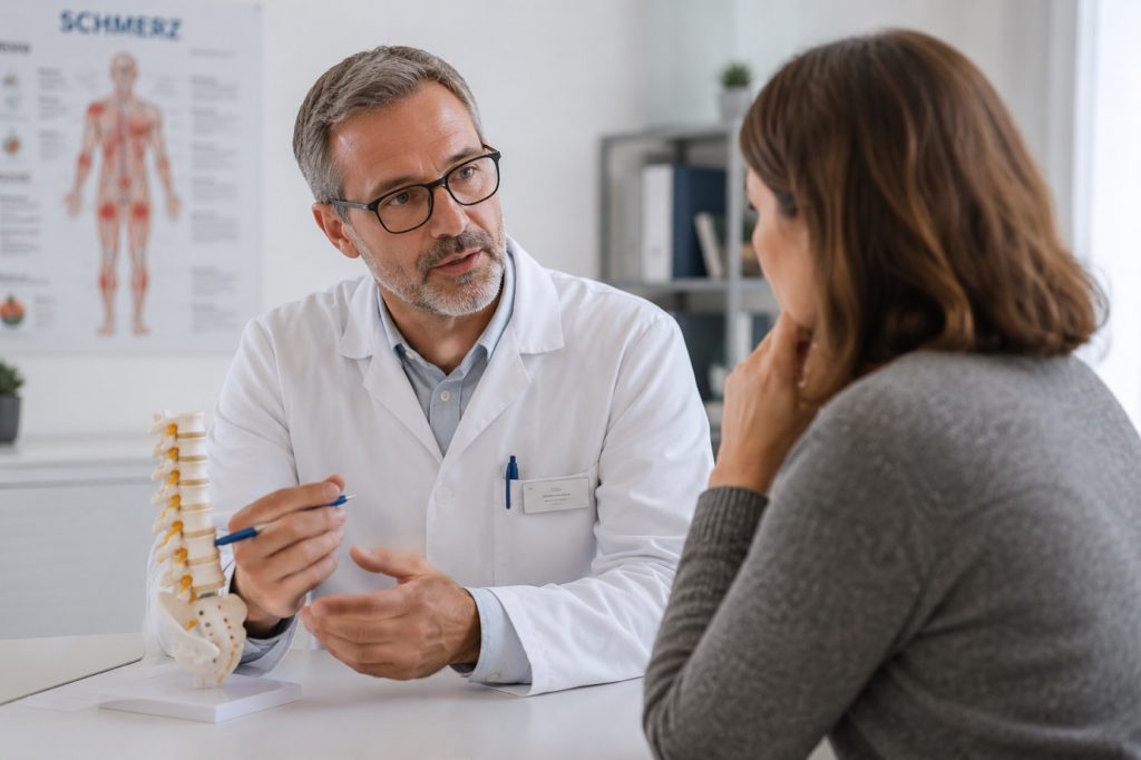 Arzt-/Patienten-Gespräch mit Wirbelsäulenmodell